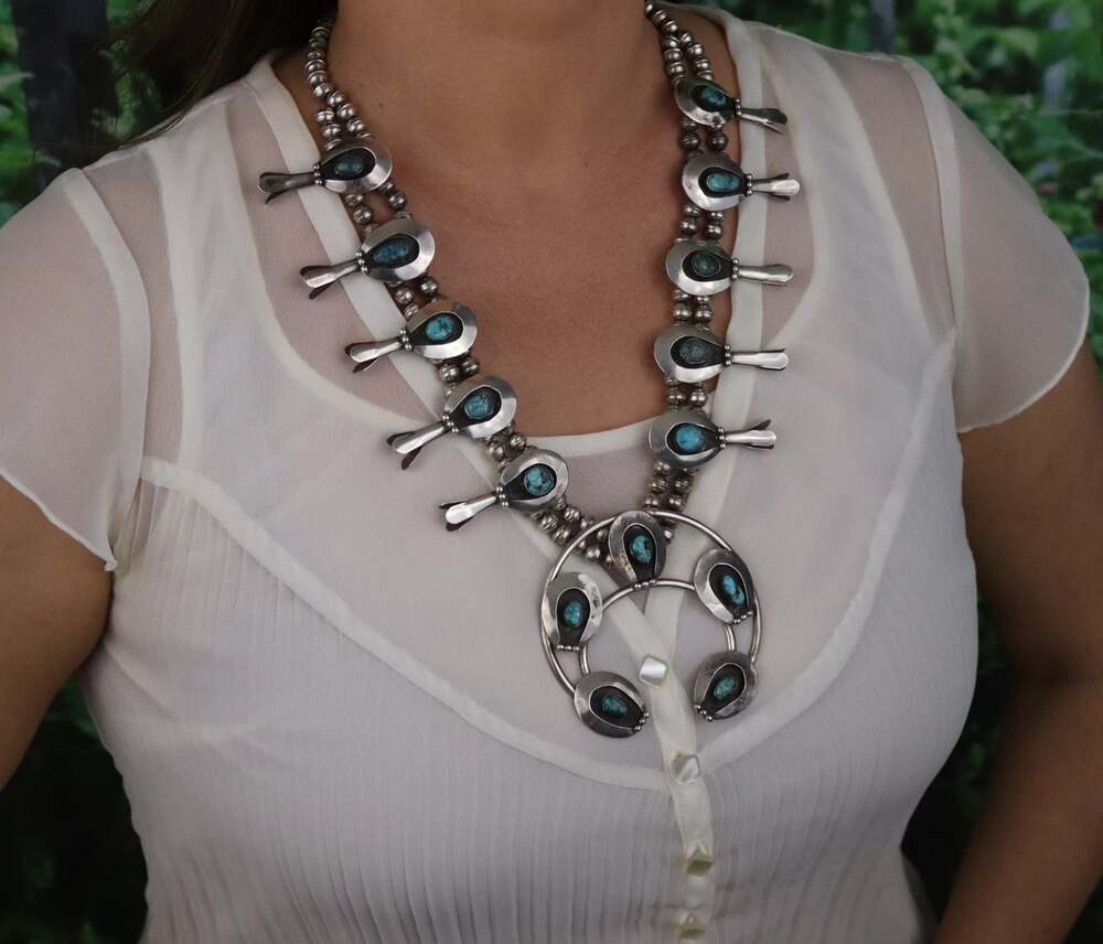 Sterling Silver Natural Turquoise Squash Blossom Necklace 23" inch - Picture 2 of 10